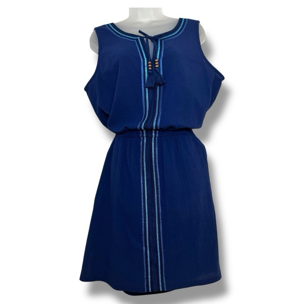 Talbots Blue Sleeveless Split Neck Tassel Cover-Up Large Cotton Boho Embroidered
